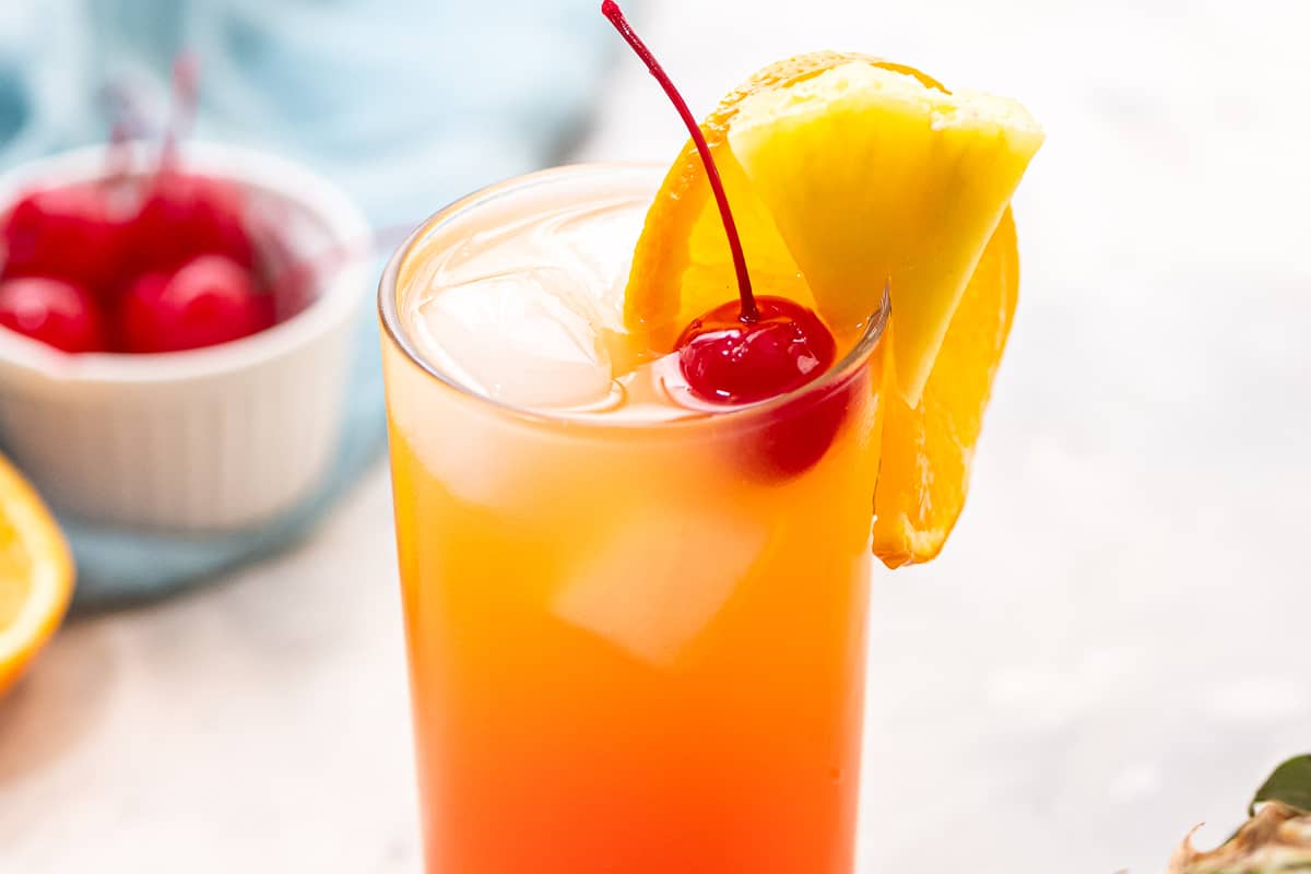 Malibu Sunset Cocktail in tall glass