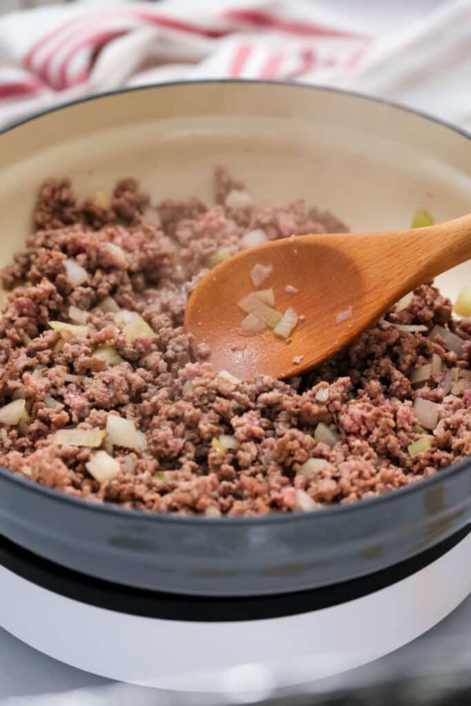 Skillet cooking ground beef and onions