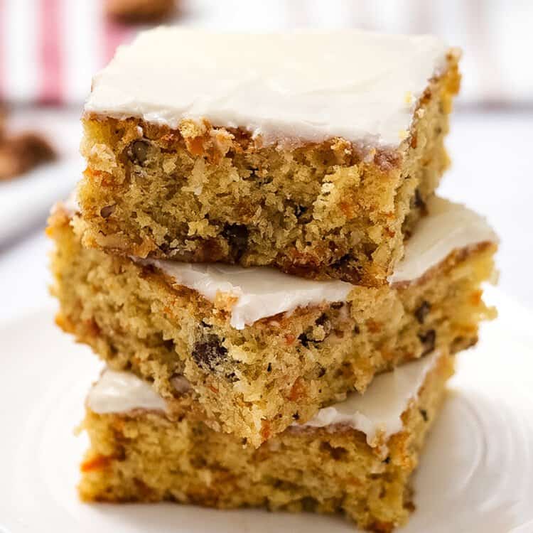 Carrot Bars with cream cheese frosting stacked three high