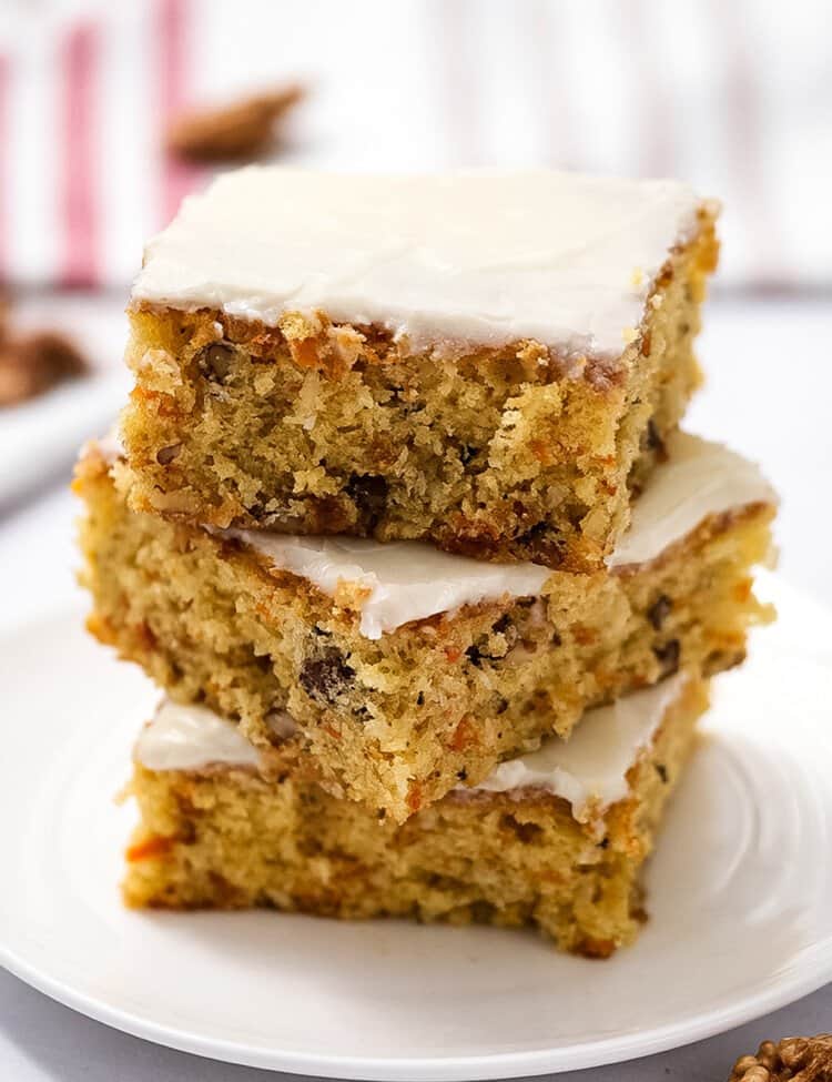 Carrot Bars with cream cheese frosting stacked three high