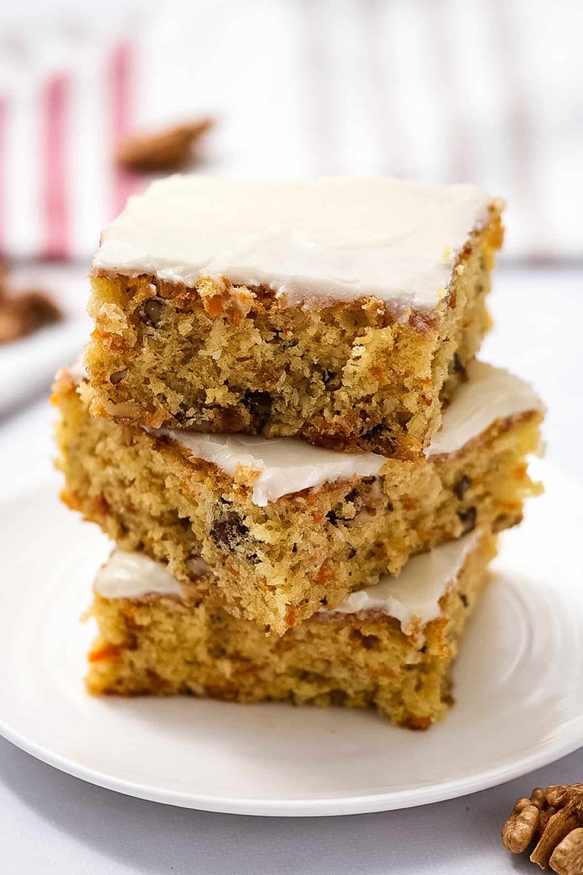 Carrot Bars with cream cheese frosting stacked three high