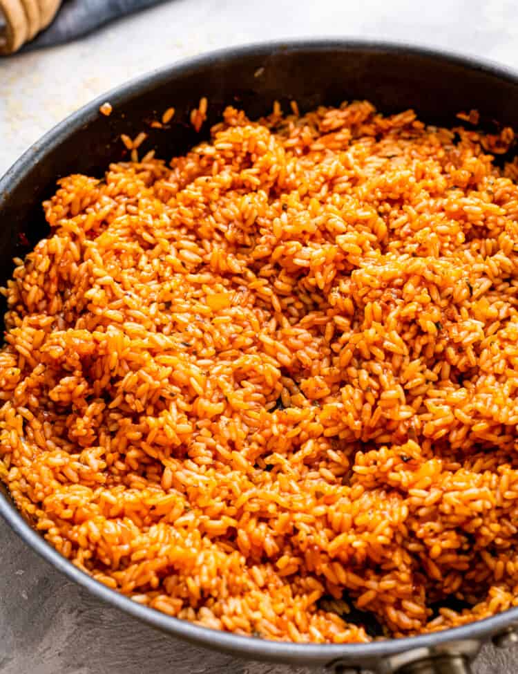 Skillet with cooked Mexican Rice