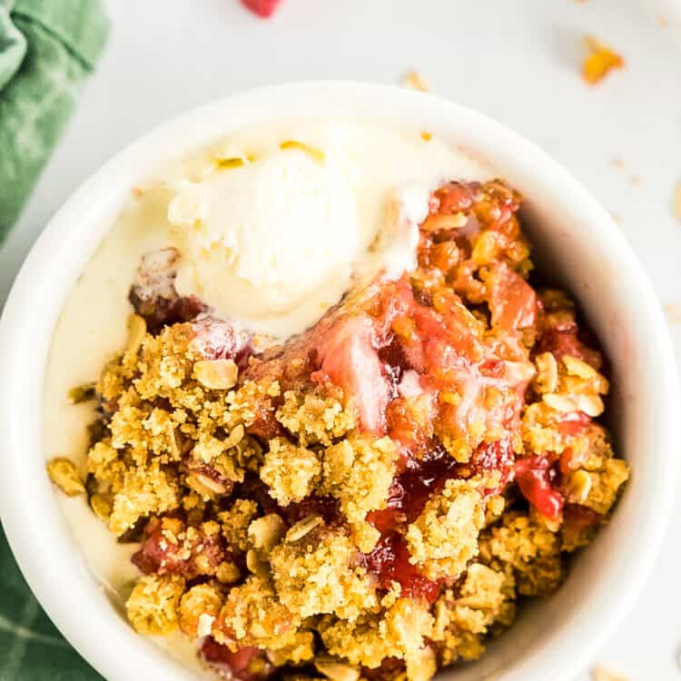 Strawberry Rhubarb Crisp topped with ice cream