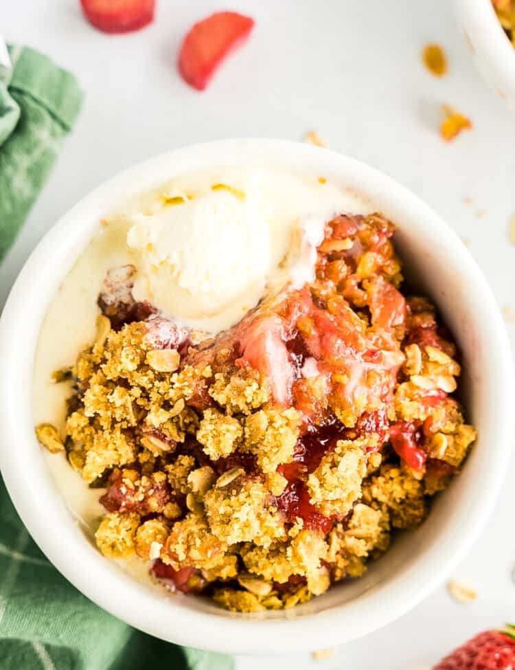 Strawberry Rhubarb Crisp topped with ice cream