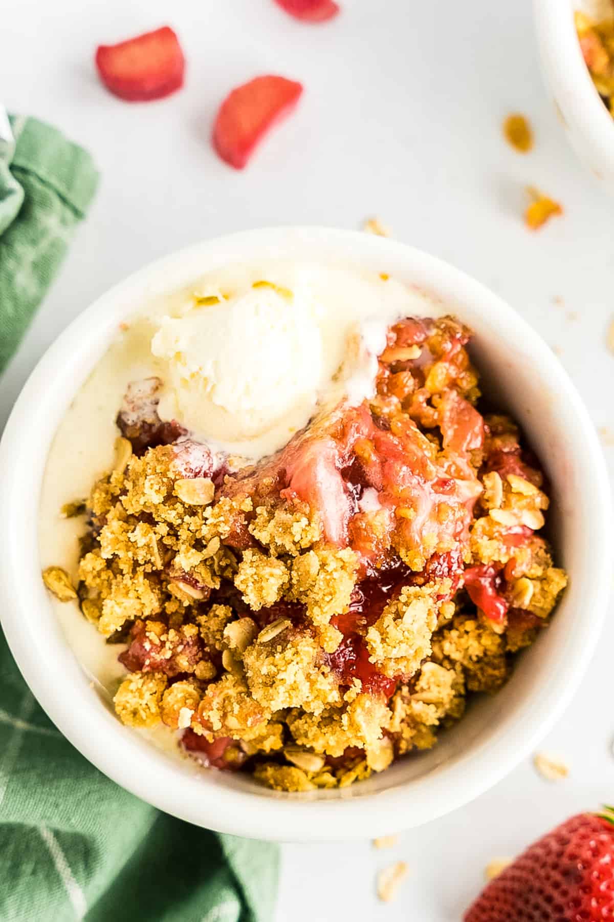Strawberry Rhubarb Crisp topped with ice cream