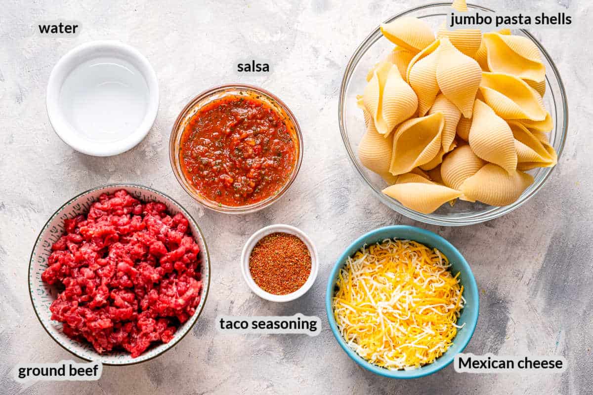 Overhead image of Taco Stuffed Shells Ingredients