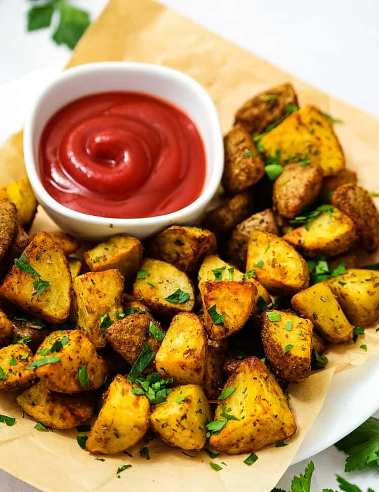 Air Fryer Potatoes on plate with ketchup