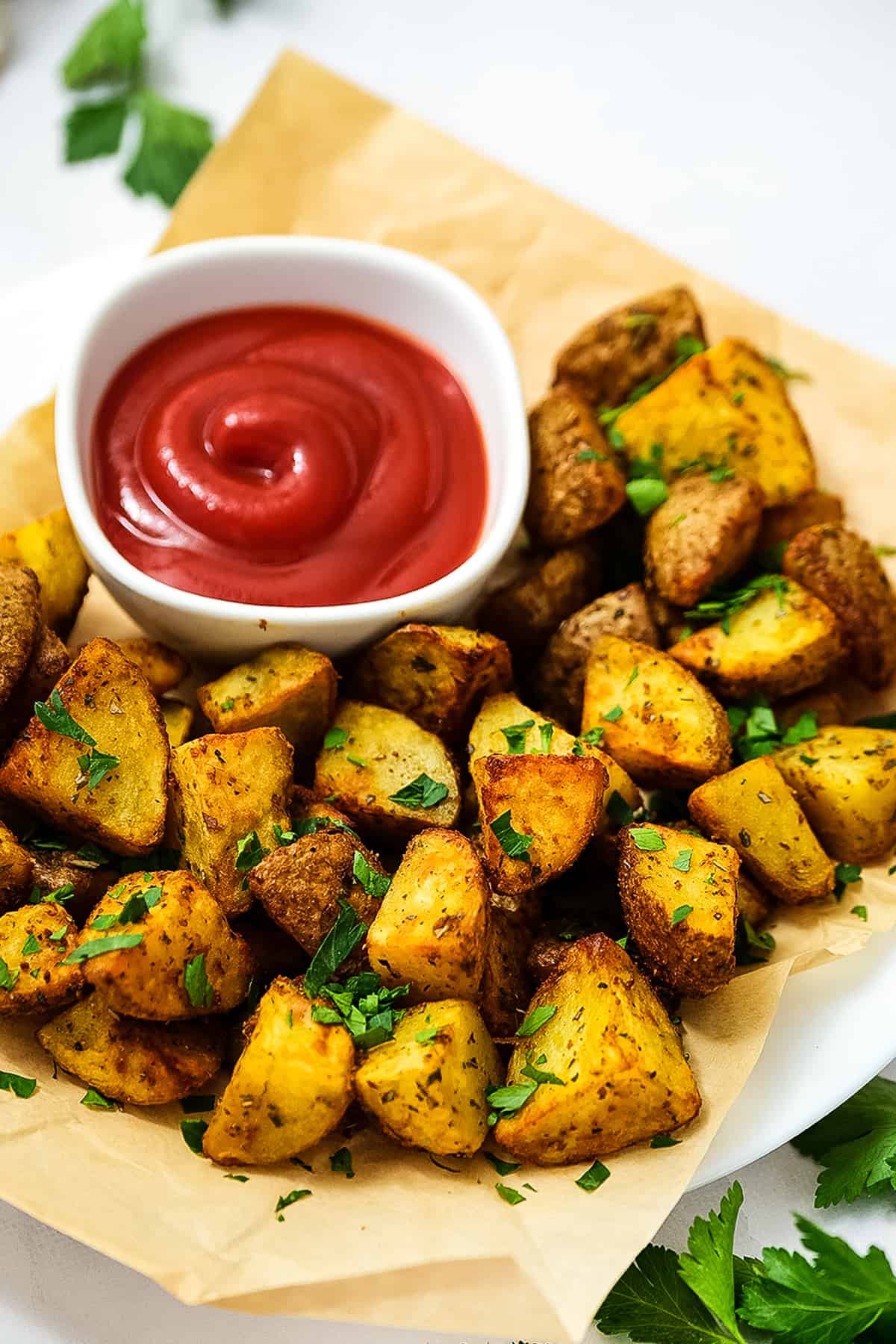 Air Fryer Potatoes on plate with ketchup