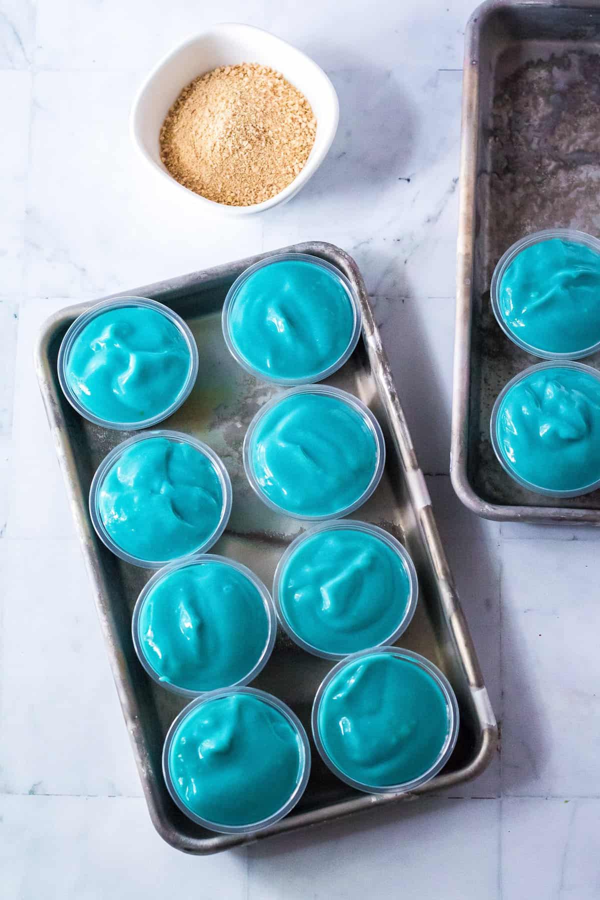 Overhead blue pudding shots in sheet pan