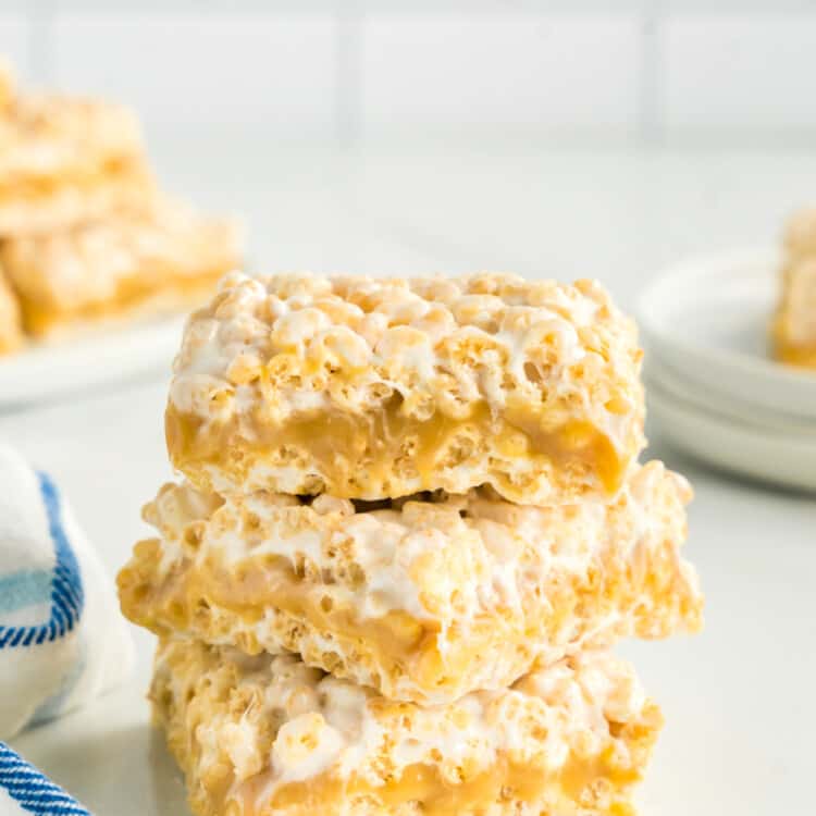 Stack of three Caramel Rice Krispie Treats