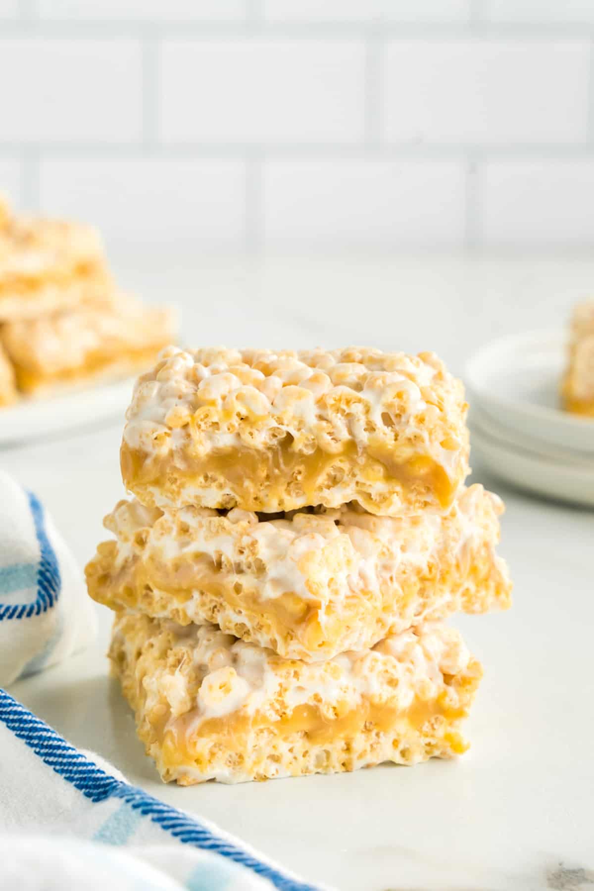 Stack of three Caramel Rice Krispie Treats