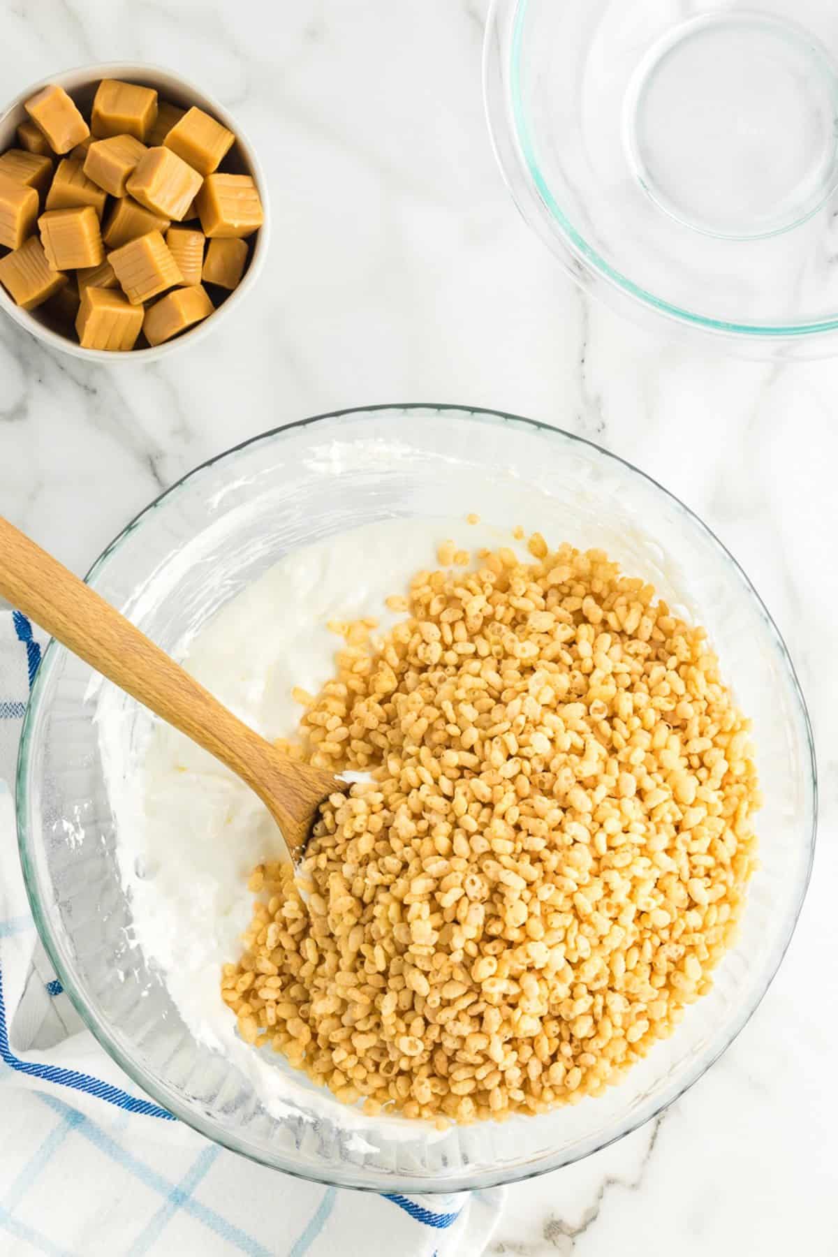 Bowl before mixing marshmallows and Rice Krispies