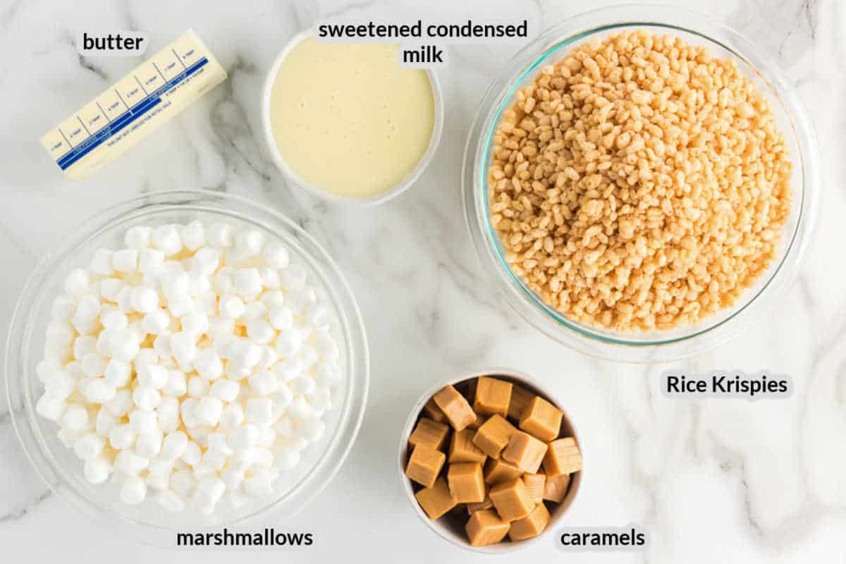 Caramel Rice Krispie Treats Ingredients overhead image