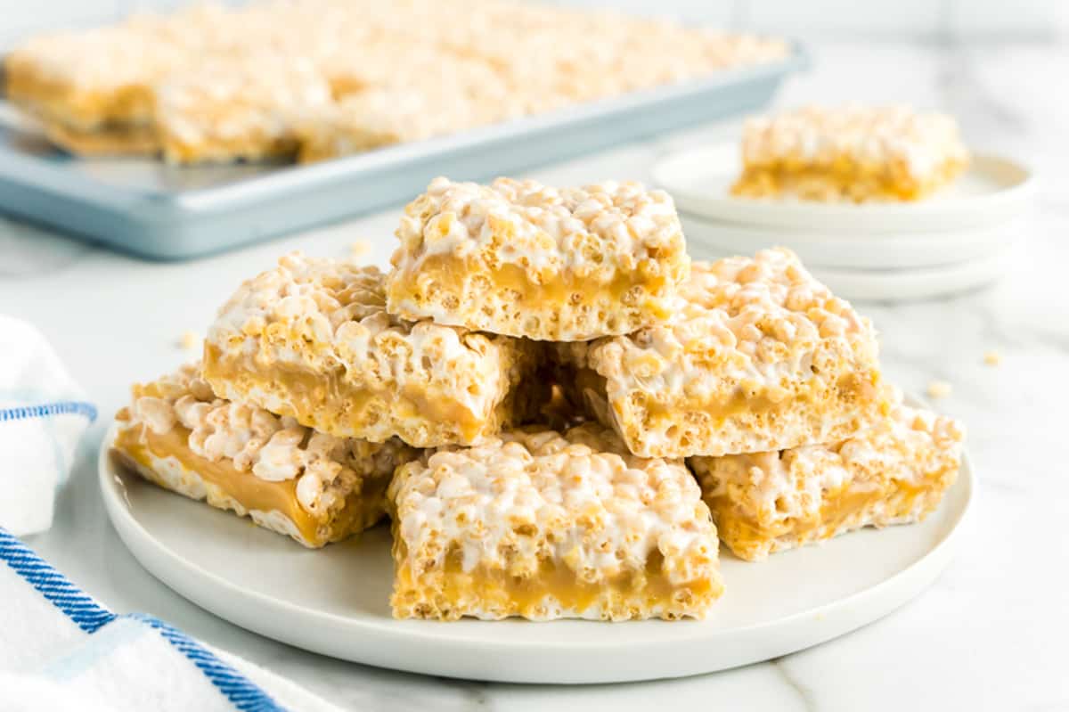 Plate with caramel stuffed rice krispie treats