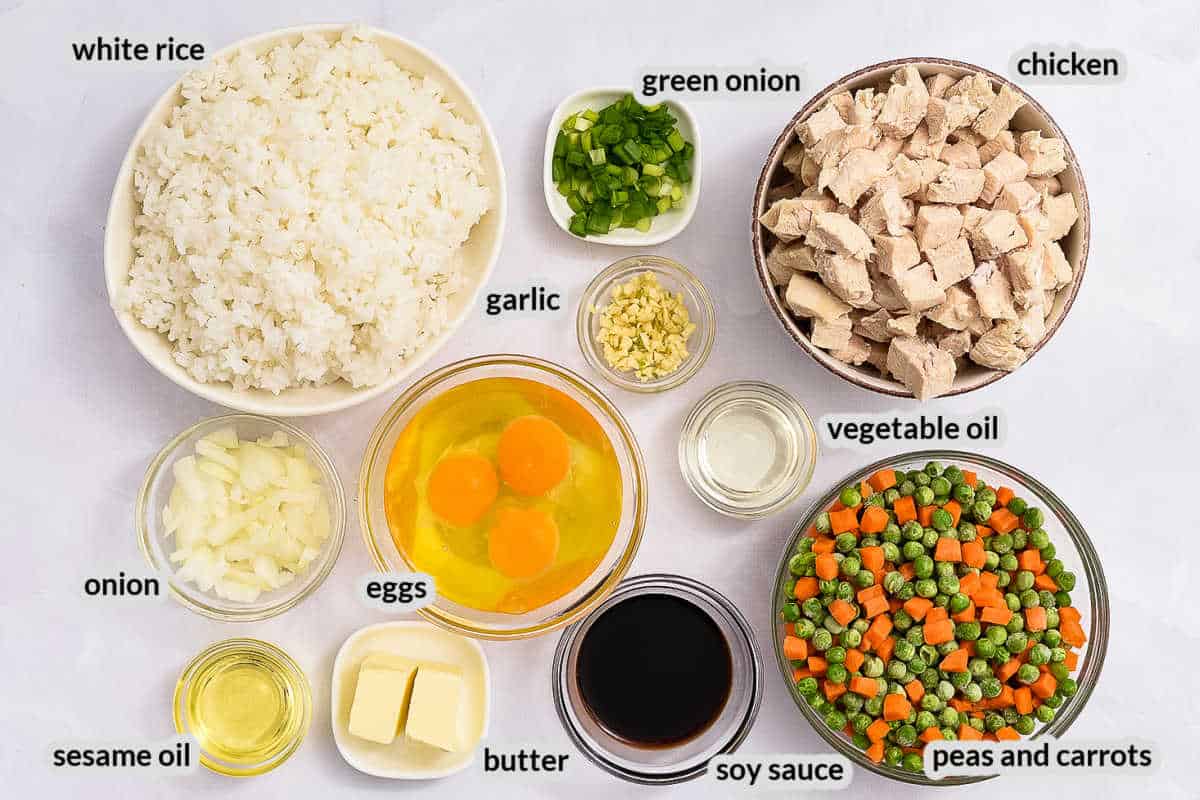 Overhead image of Chicken Fried Rice Ingredients