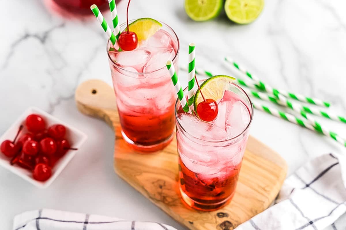 Overhead image of two dirty shirley cocktails