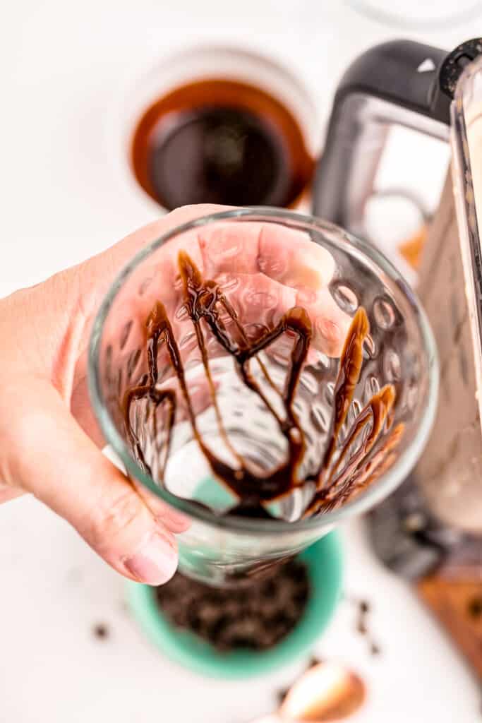 Glass with chocolate syrup on inside