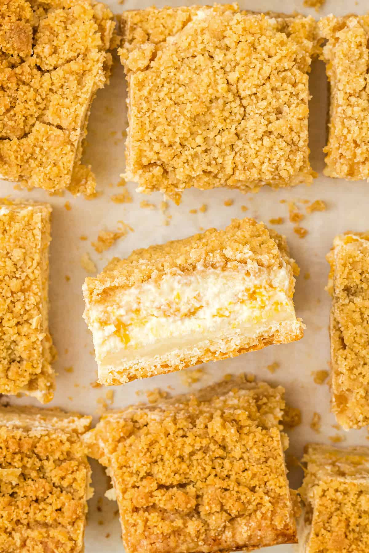 Crumble Peach Cheesecake Bars cut