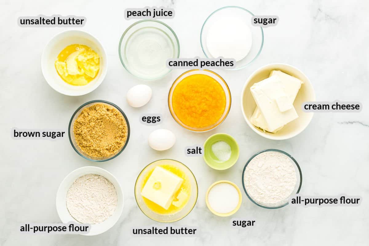 Overhead image of Peach Cheesecake Bars Ingredients