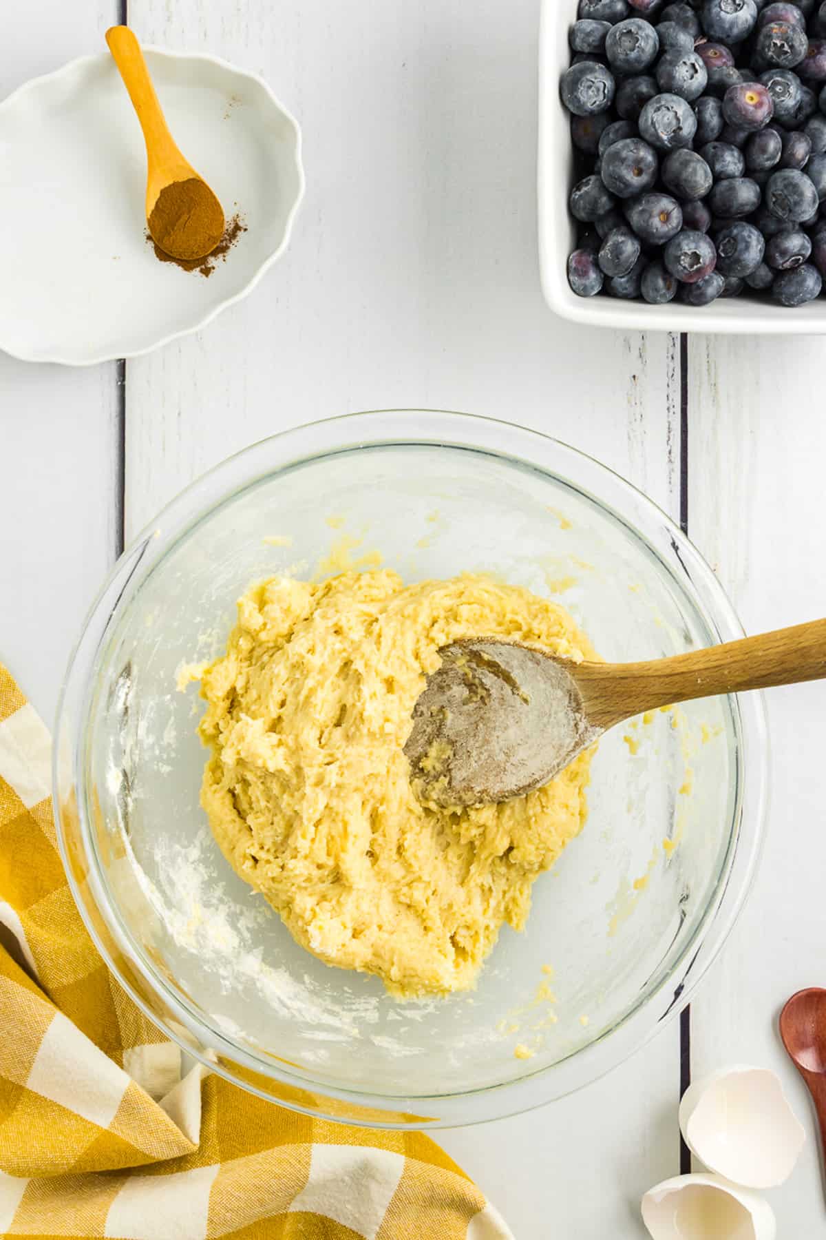 Mixing batter in glass bowl