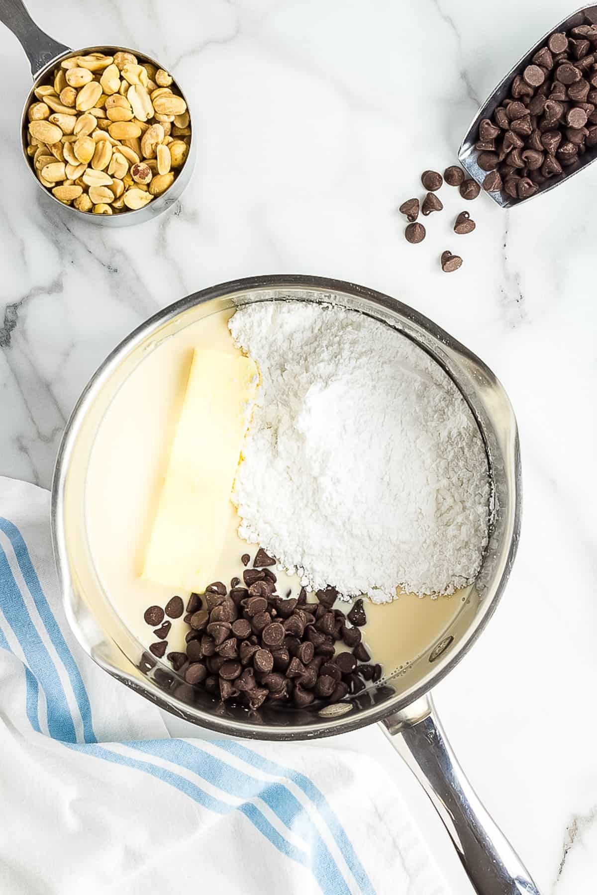 Saucepan with ingredients to make fudge sauce