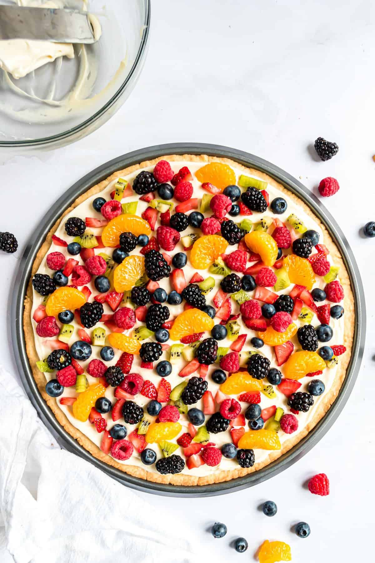 Overhead image of fruit pizza