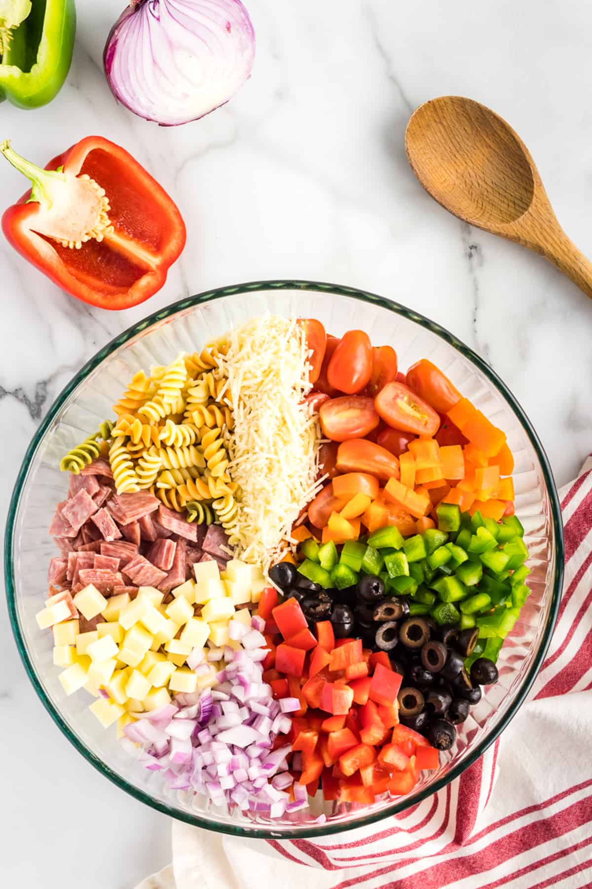 Ingredients for pasta salad with Italian dressing