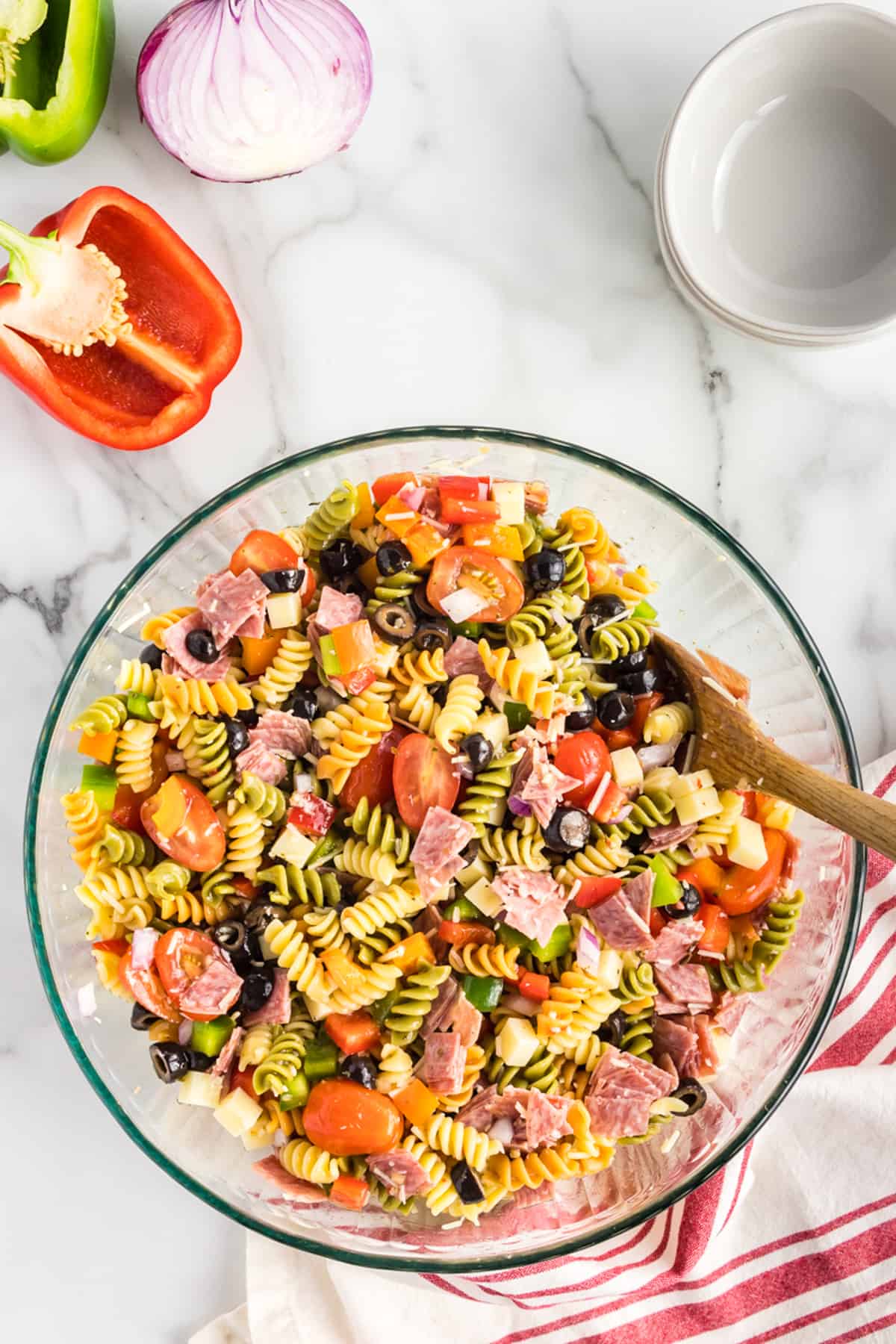 Overhead image for pasta salad in glass bowl