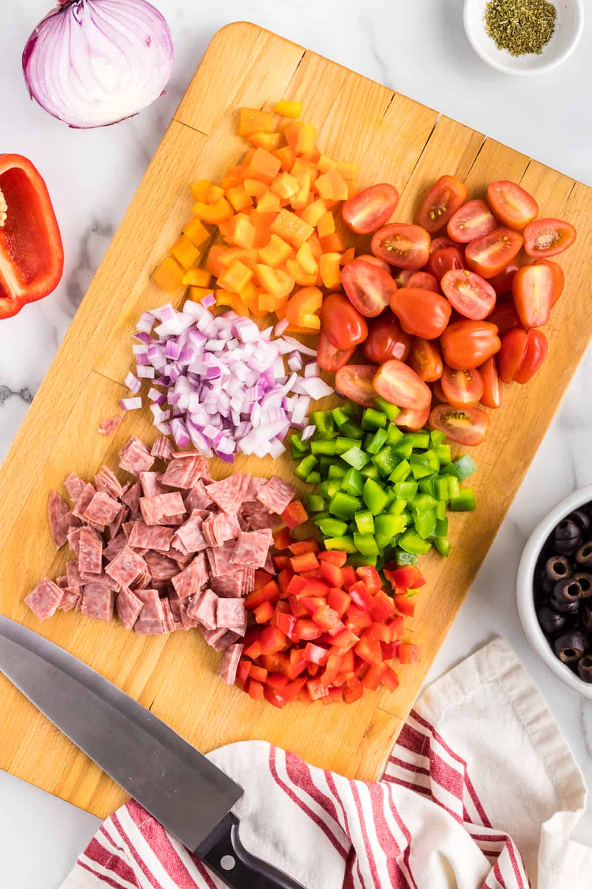 Chopped ingredients for pasta salad