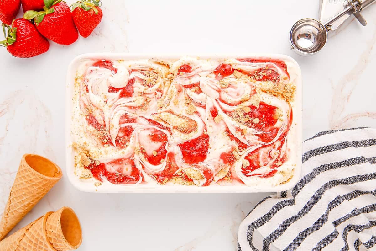 No Churn Strawberry Cheesecake Ice Cream in loaf pan