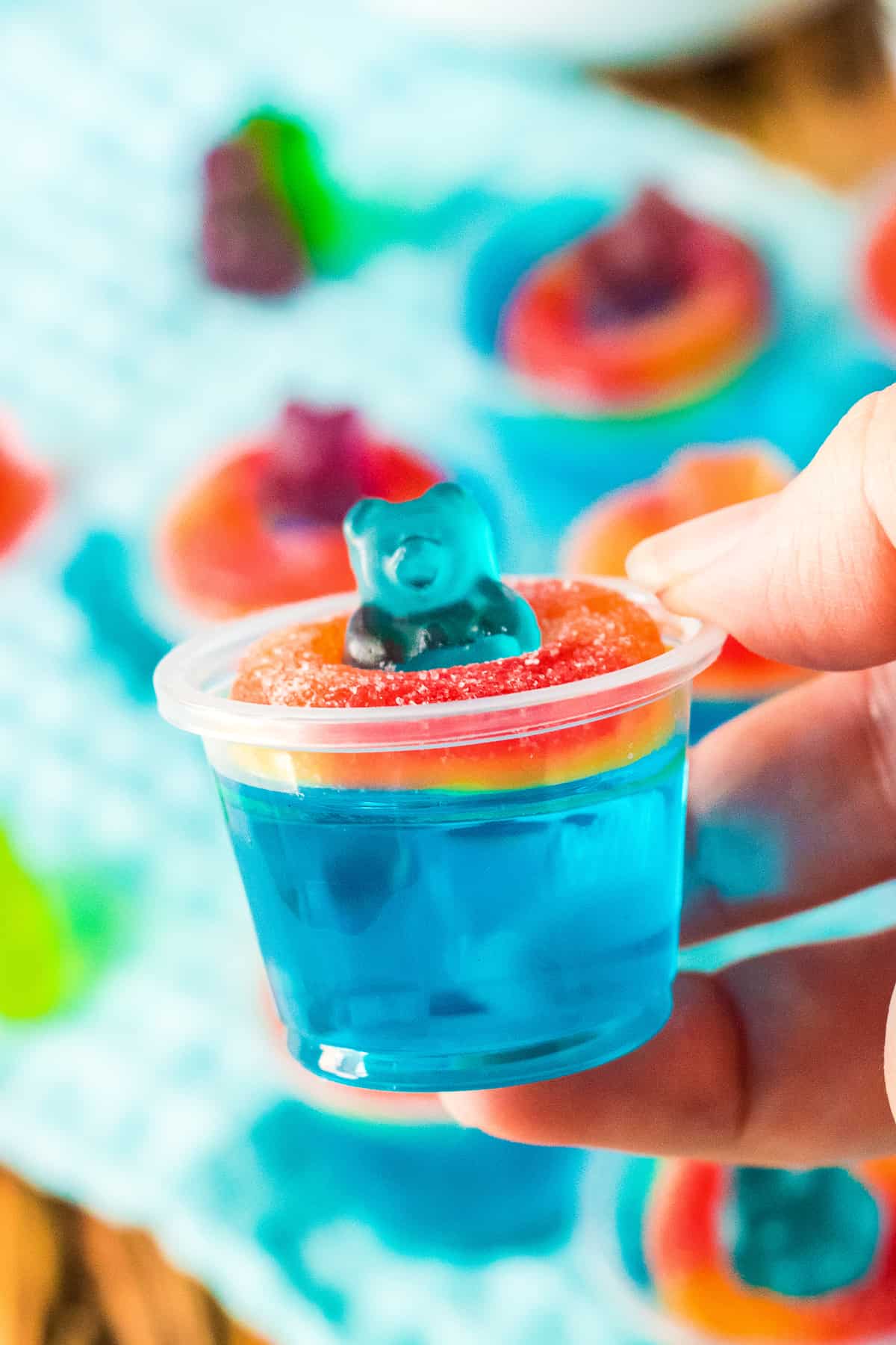 Hand holding Pool Party Jello Shots