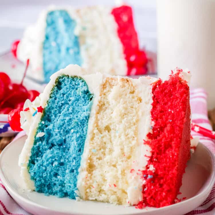 Slice of 4th of July Cake on white plate