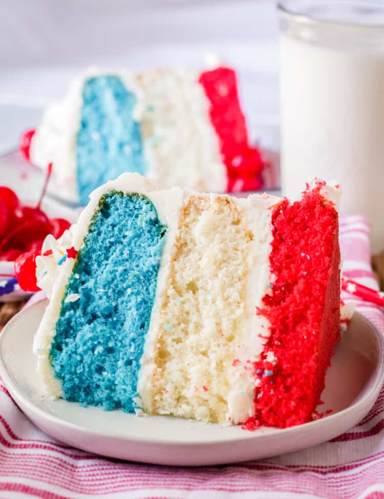 Slice of 4th of July Cake on white plate