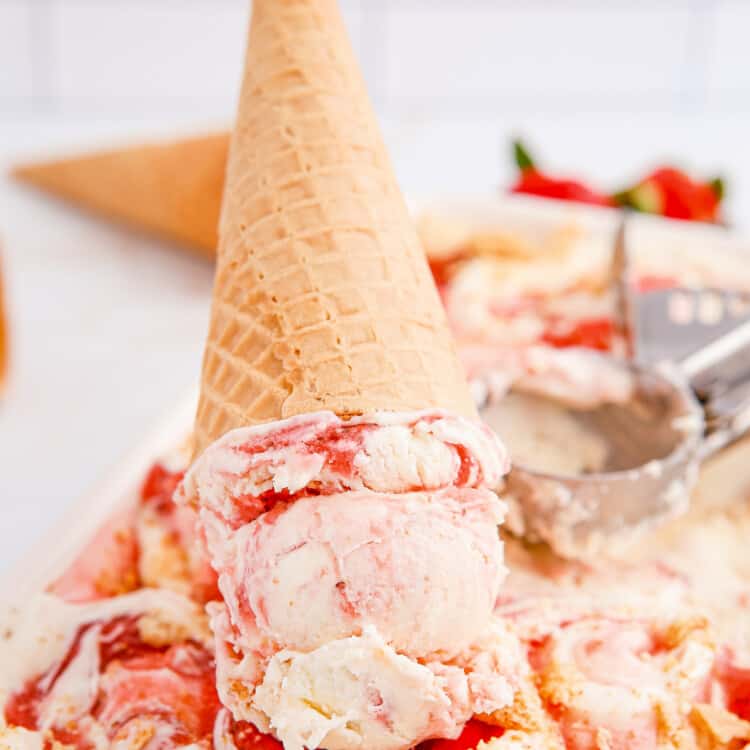 Upside down cone of Strawberry Cheesecake Ice Cream