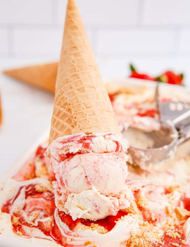 Upside down cone of Strawberry Cheesecake Ice Cream