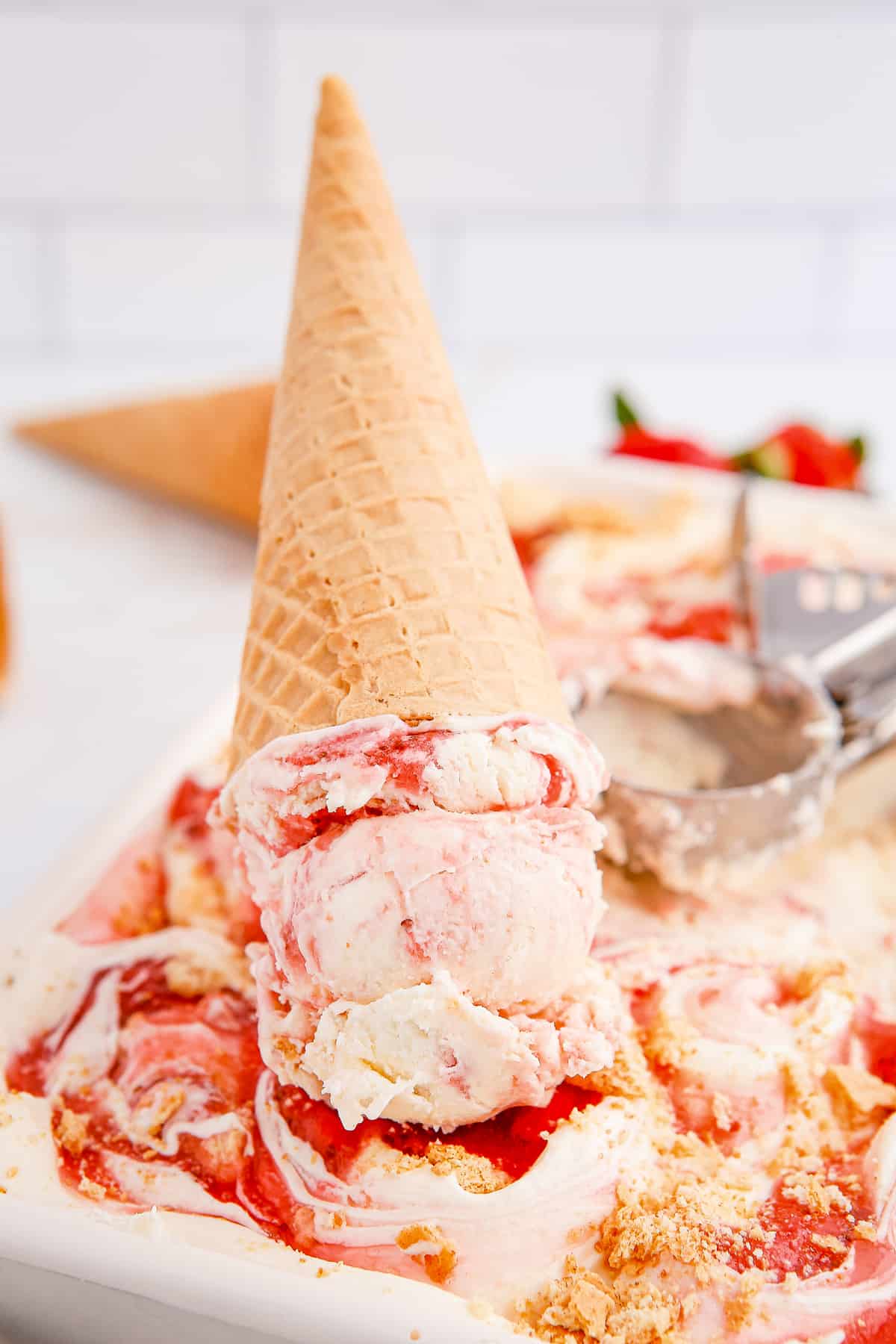 Upside down cone of Strawberry Cheesecake Ice Cream 