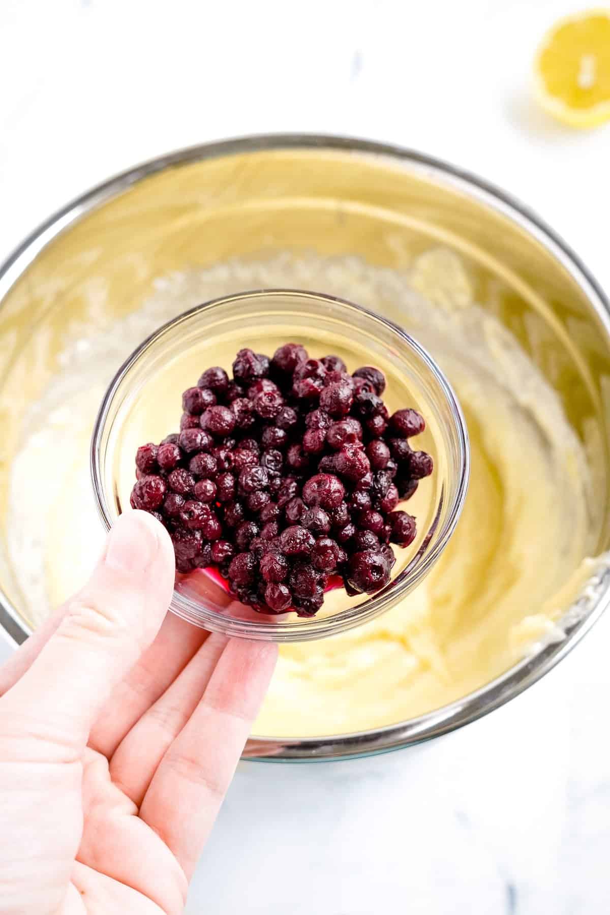 Adding blueberries to bowl of bread ingredients