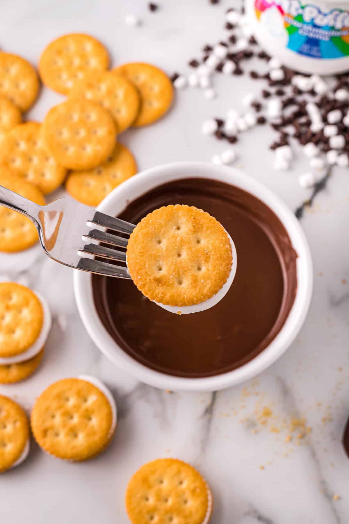 Fork with ritz cracker stuffed with marshmallow creme