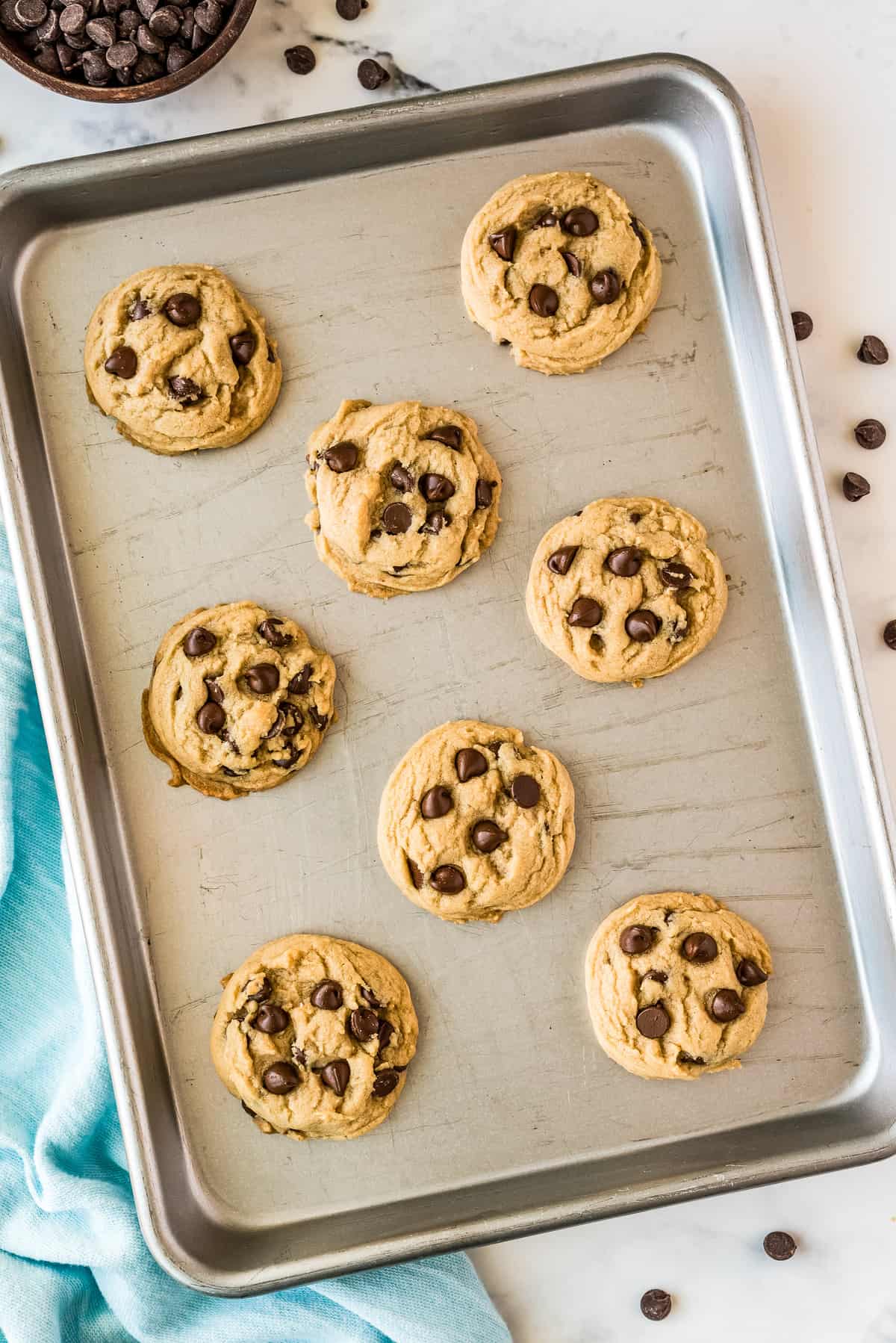 Baked Chocolate Chip Cookies on baking sheet