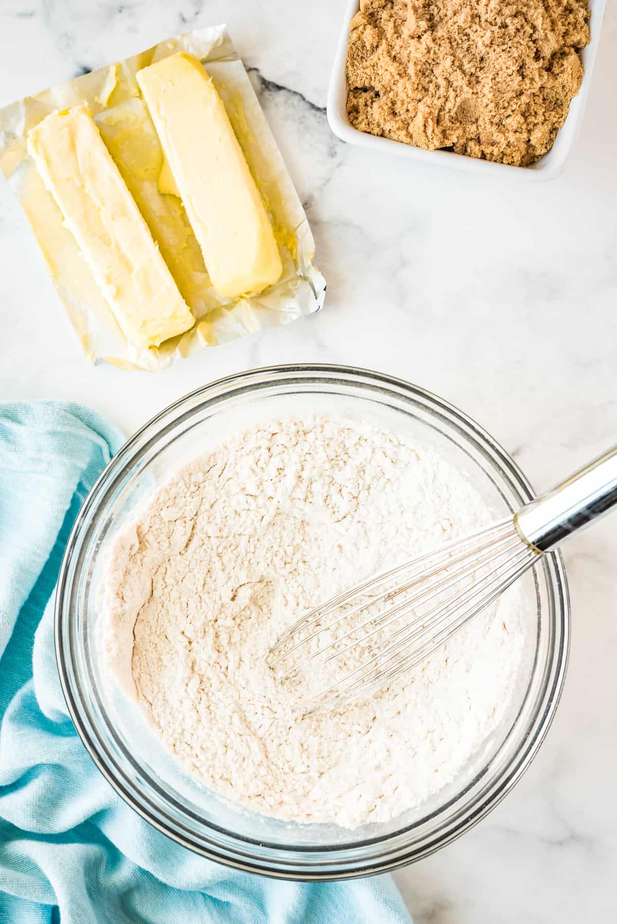 Bowl of dry ingredients for cookie dough