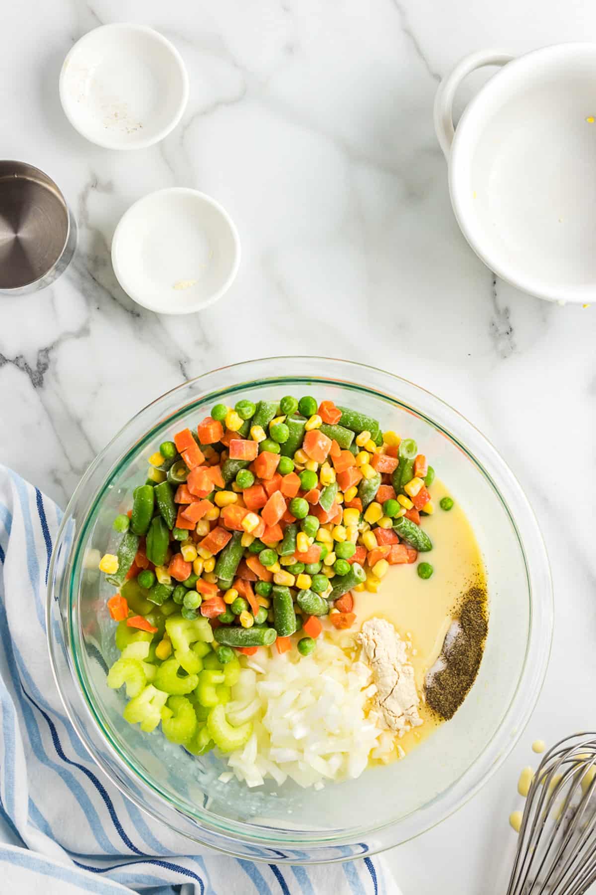 Ingredients in bowl for crock pot chicken pot pie