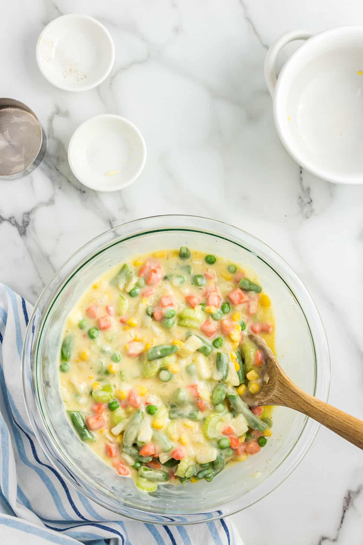 Ingredients mixed in a bowl for crock pot chicken pot pie