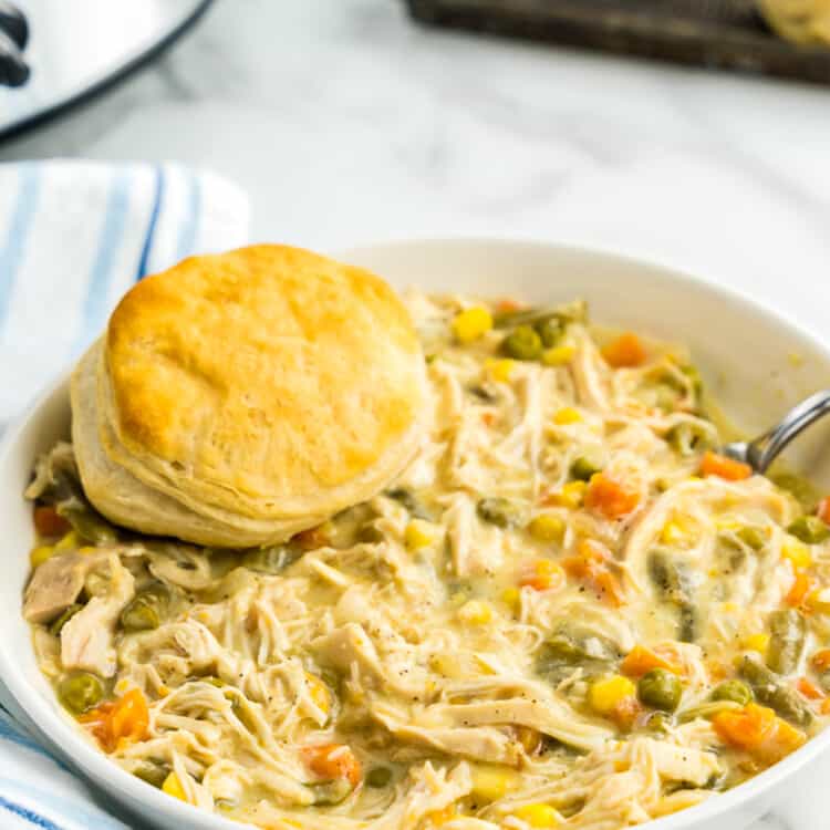 White bowl with chicken pot pie and biscuit