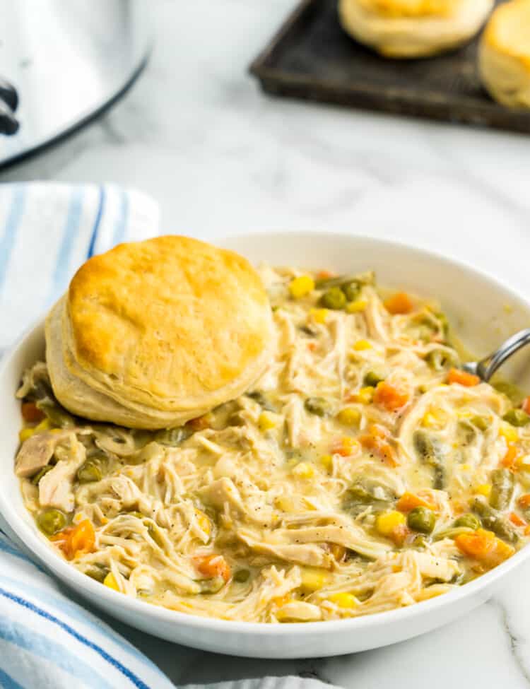 White bowl with chicken pot pie and biscuit