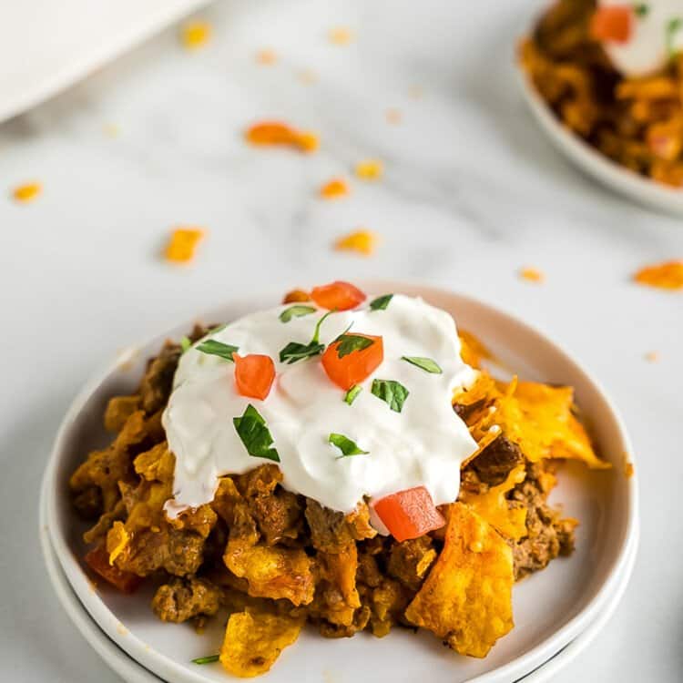 Dorito Casserole on white plate