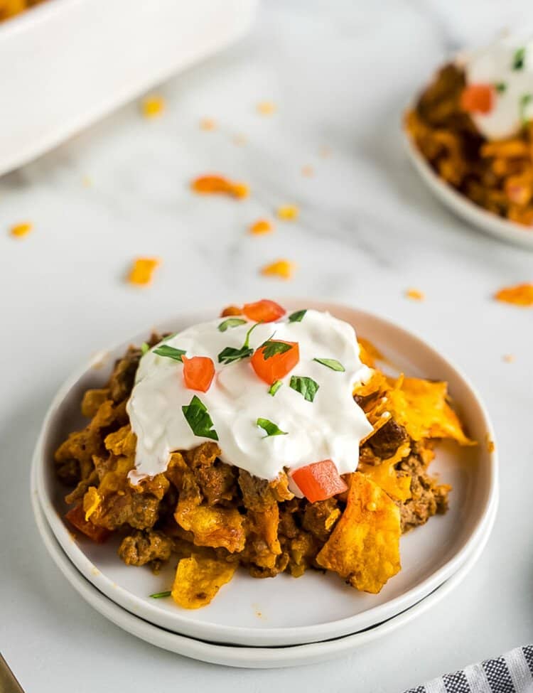 Dorito Casserole on white plate