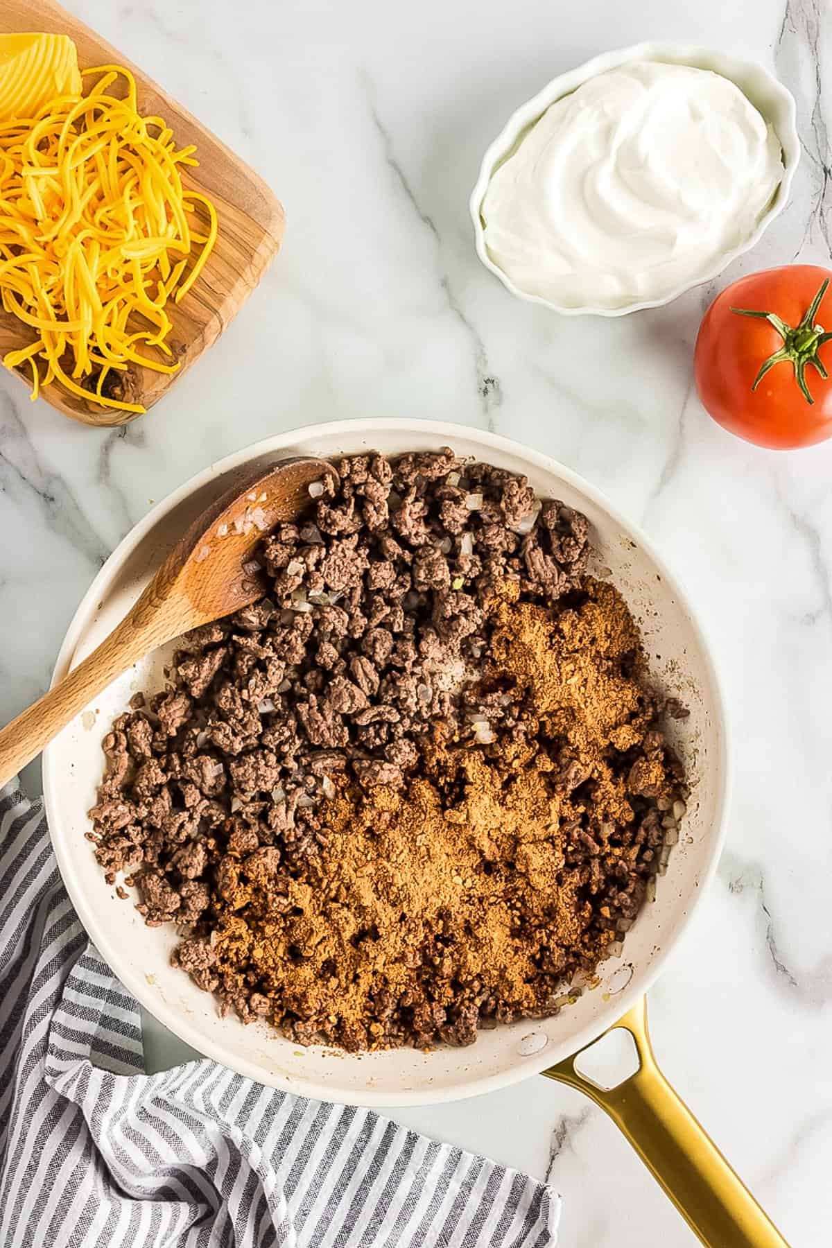 Skillet with ground beef and taco seasoning