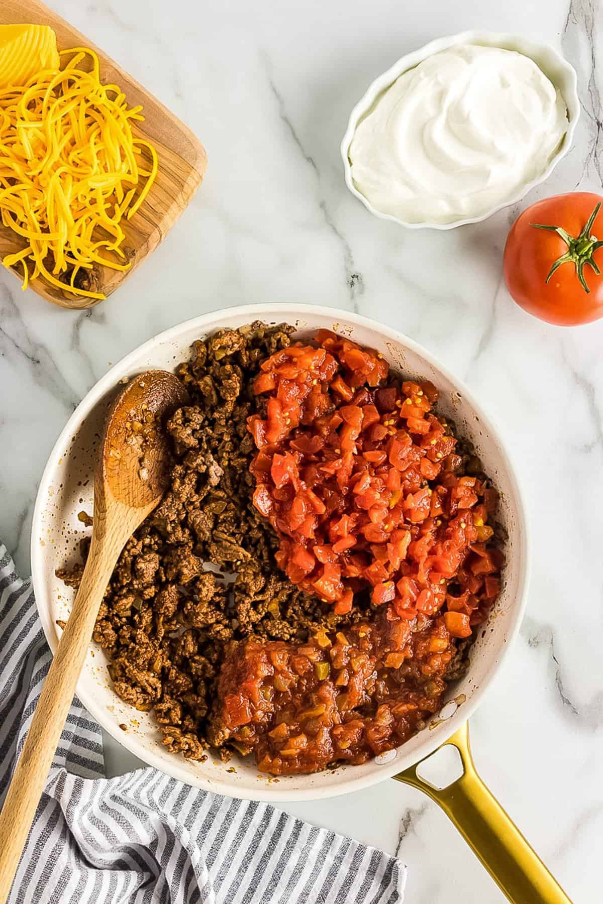 Skillet with ground beef taco mixture