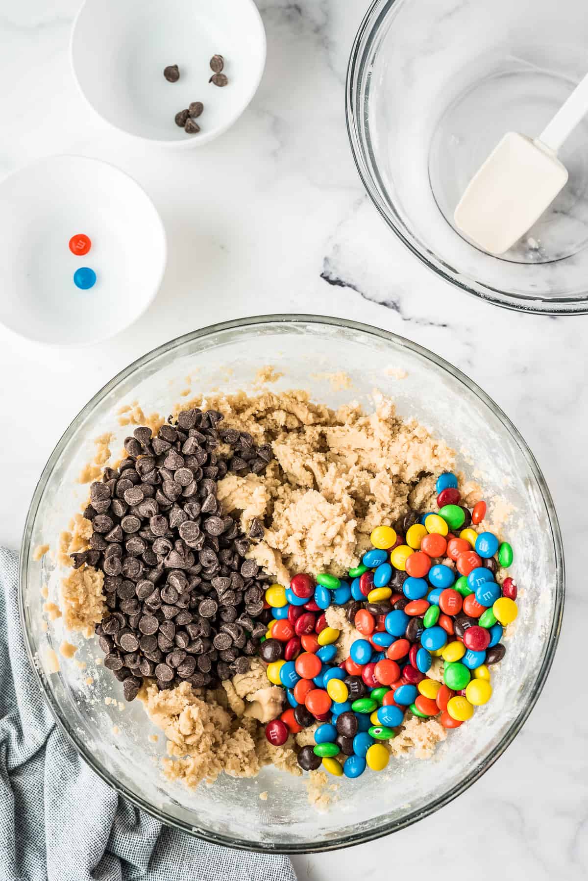 Cookie dough with chocolate chips and M&Ms