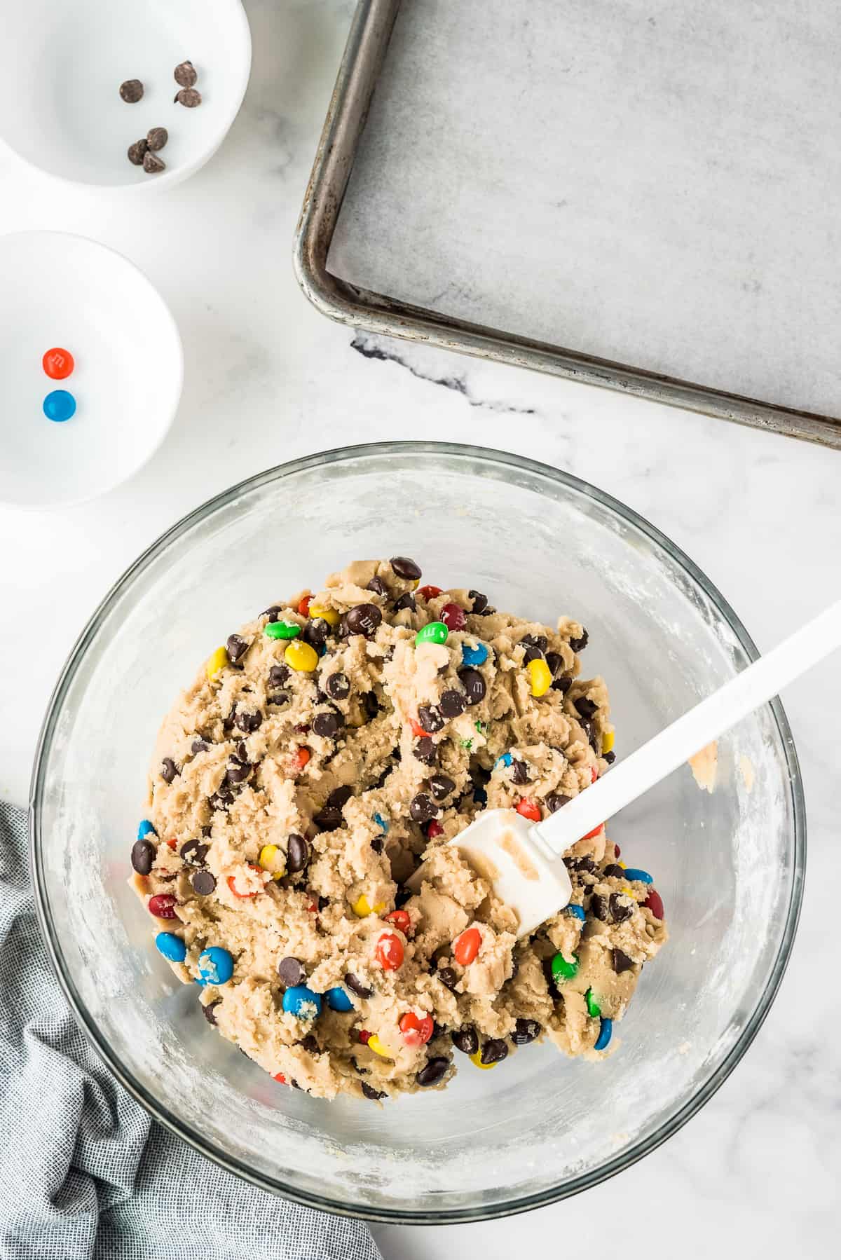 Mixed M&M Cookie dough in bowl